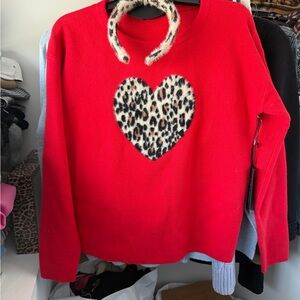 Red leopard print heart valentines sweater and headband set